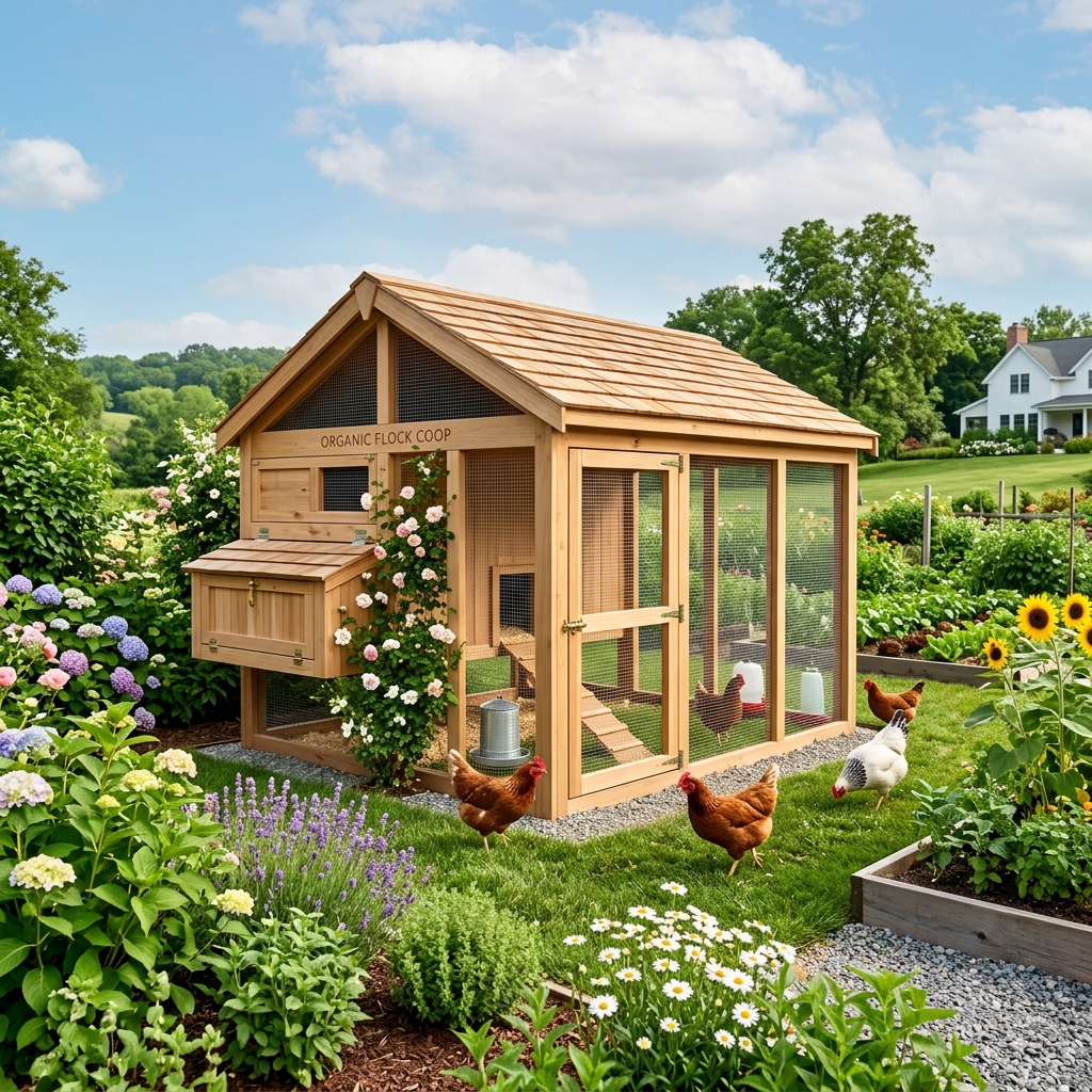 Clean, beautiful farmyard and modern wooden chicken coop